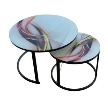 Set of 2 Modern Round Nesting Coffee Tables With Marble-Patterned Glass Tops