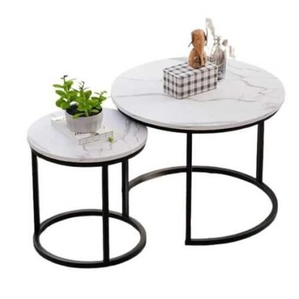Modern Set of 2 Round Nesting Coffee Tables with Marble Glass Tops