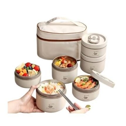 5-Piece Insulated Stainless Steel Lunch Box Set - 4 Stackable Containers With Leakproof Thermal Bag