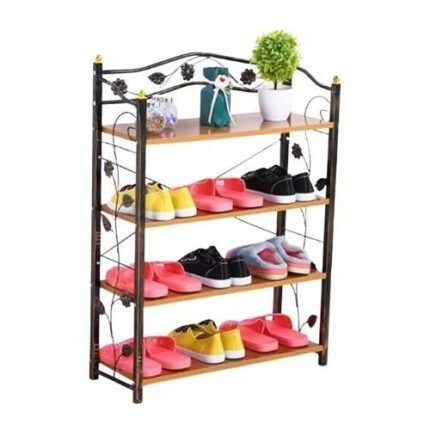 4-Tier Wooden Shoe Rack with Floral Metal Frame - Shoe Organizer