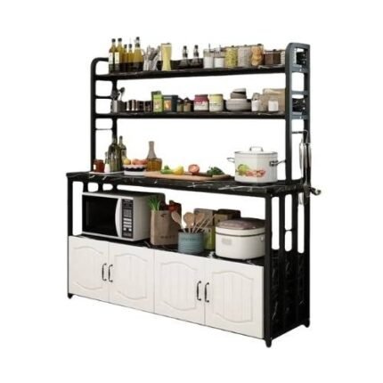 Multi-Layer Kitchen Storage Rack Cabinet, Floor-Standing Microwave Rack With Shelves And Hooks