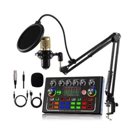 F009 Live Sound Card Wireless Bluetooth Mixer for Podcasts, Karaoke, PS5 Gaming – Includes Mic, Pop Filter And RGB Controls