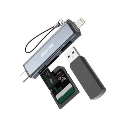 Green Lion 3-in-1 SD Card Reader USB-C Lightning And USB-A | 2×Micro SD Slots + 1×USB-A, Up to 2TB, 480Mbps OTG