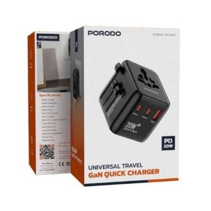 Porodo GaN Universal Travel Charger 20W PD – Built-in Safeguards, +200 Countries