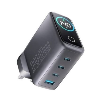 Powerology Volt Flow 140W GaN Wall Charger With Smart TFT Display – 4-Port USB-C Fast Charger