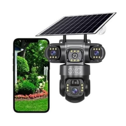 V380 Pro Solar Camera 4G SIM – 3 Lens Triple Screen PTZ, PIR Human Detection, Battery Powered