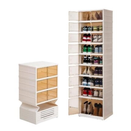 9-Tier Foldable Shoe Rack Organizer – 18 Pairs Clear Plastic Shoe Storage Cabinet With Doors