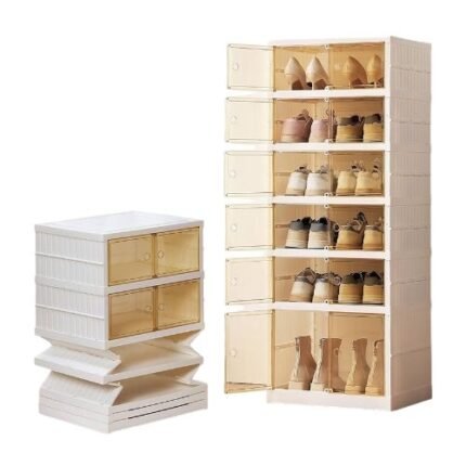 6-Tier Foldable Shoe Rack Organizer – Clear Plastic Stackable Shoe Cabinet With Doors
