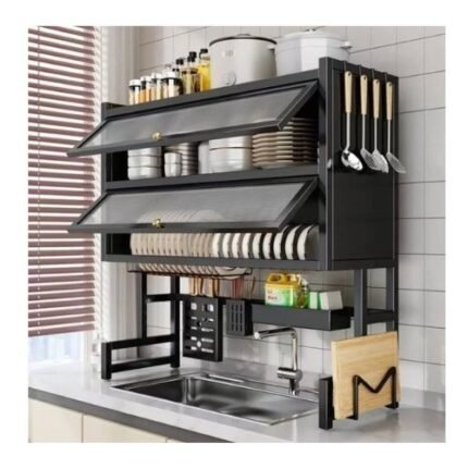 2 Layer Over The Sink Dish Drying Rack With Cover - Double Tier Counter Storage Organizer