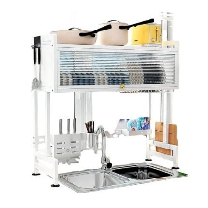 Over Sink Dish Rack Drainer With Cover - Kitchen Counter Storage Organizer Utensil Holder