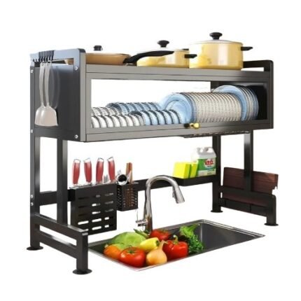 Over The Sink Dish Drying Rack with Cover - Counter Storage Organizer And Kitchen Countertop Shelf