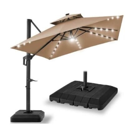 Heavy Duty 3x3m Solar Cantilever Umbrella with LED Lights – Rotating Offset Patio Umbrella