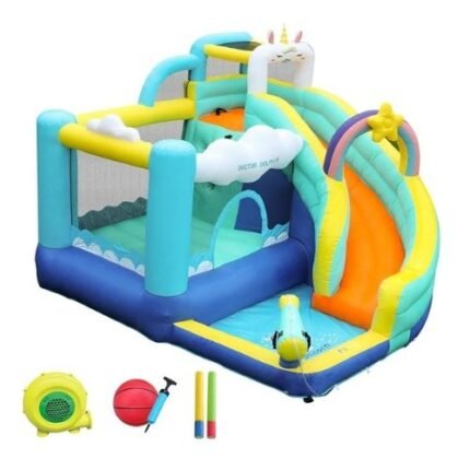 Doctor Dolphin Unicorn Inflatable Bounce House With Water Slide And Splash Pool - 2-12 Years