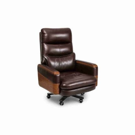 Executive Ergonomic Office Chair Wooden With Brown Leather
